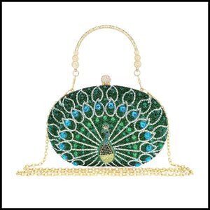 Sparkly Rhinestone Clutch Evening Bag Luxury Peacock Handbag Formal Wedding
